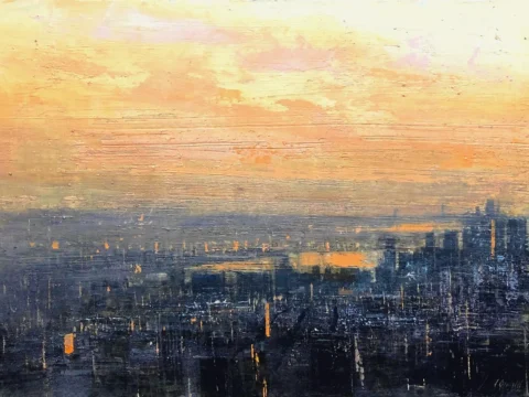 Huile sur bois d'Alejandro Quincoces intitulée "Luces de New York"
