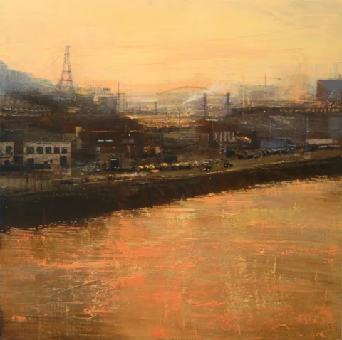 "Contraluz industrial en la ría a las dies de la manana" huile sur bois d'Alejandro QUINCOCES de la galerie Arcturus